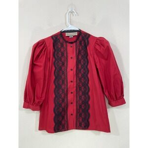 Vtg Recollections Blouse Small Red Black Lace Puff 3/4 Sleeve Folk Victorian